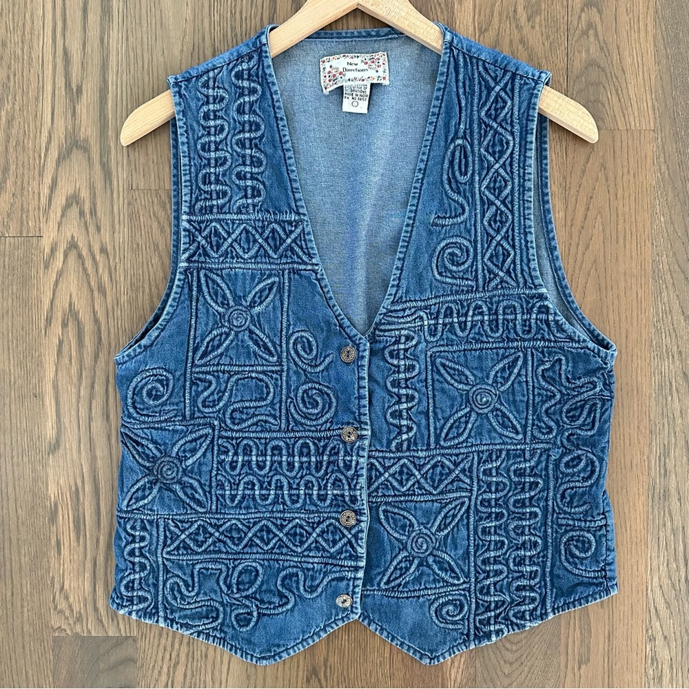 Anthropologie Vintage Embroidered Geometric Denim Western Sleeveless Vest Blue L - Picture 5 of 8